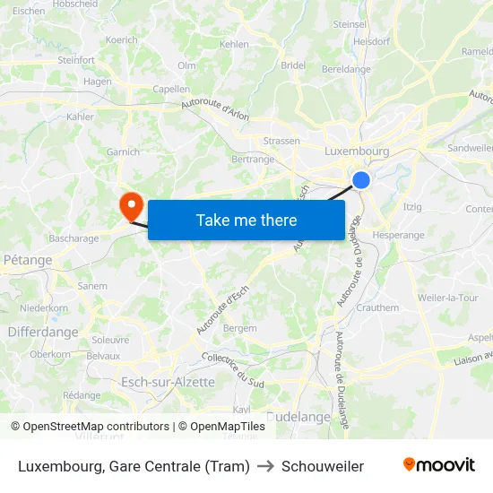 Luxembourg, Gare Centrale (Tram) to Schouweiler map