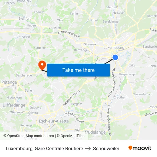 Luxembourg, Gare Centrale Routière to Schouweiler map