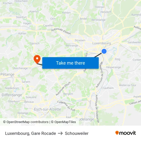 Luxembourg, Gare Rocade to Schouweiler map