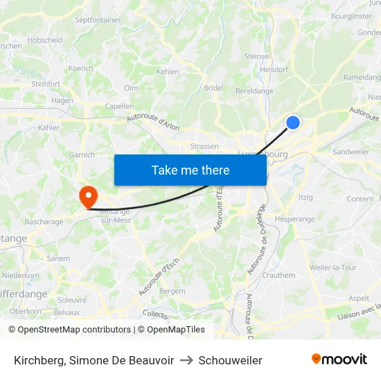 Kirchberg, Simone De Beauvoir to Schouweiler map