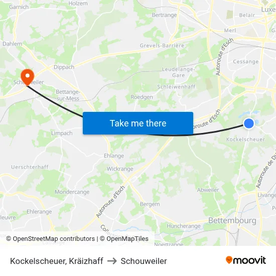 Kockelscheuer, Kräizhaff to Schouweiler map