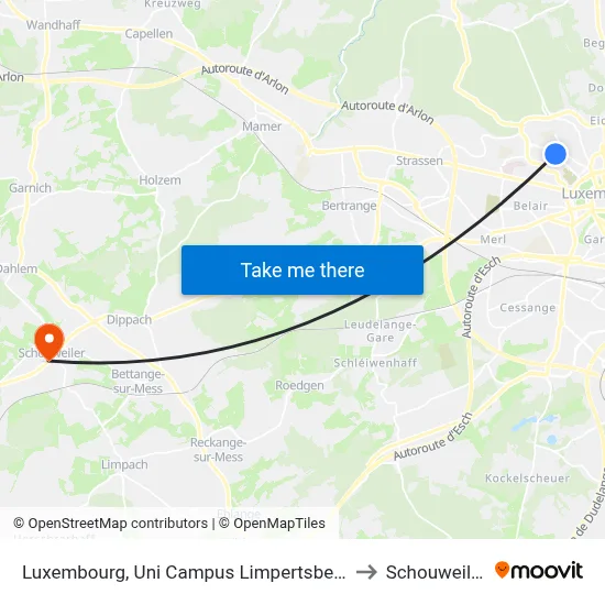 Luxembourg, Uni Campus Limpertsberg to Schouweiler map