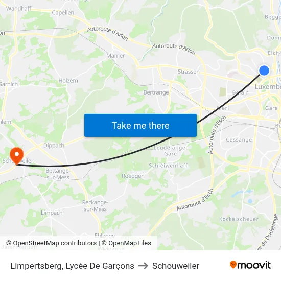 Limpertsberg, Lycée De Garçons to Schouweiler map