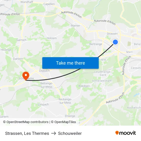 Strassen, Les Thermes to Schouweiler map