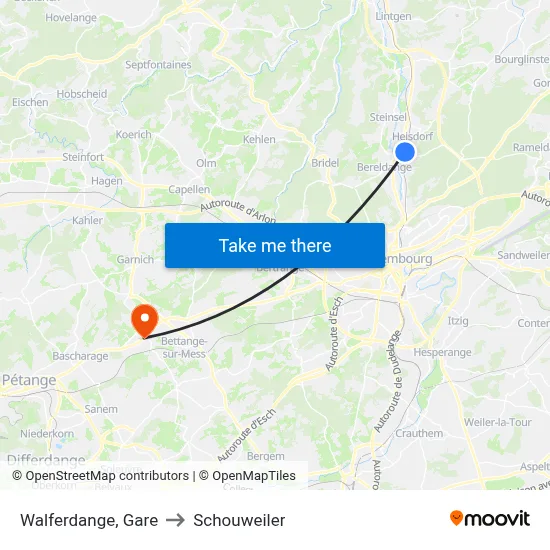 Walferdange, Gare to Schouweiler map