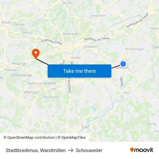 Stadtbredimus, Wandmillen to Schouweiler map