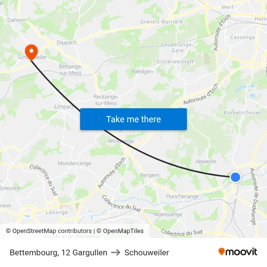 Bettembourg, 12 Gargullen to Schouweiler map