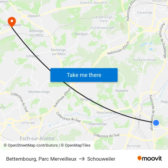 Bettembourg, Parc Merveilleux to Schouweiler map