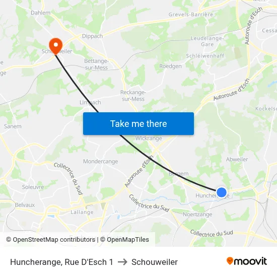 Huncherange, Rue D'Esch 1 to Schouweiler map