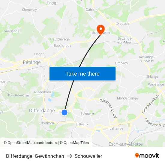 Differdange, Gewännchen to Schouweiler map