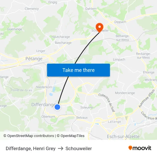 Differdange, Henri Grey to Schouweiler map