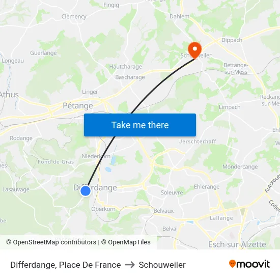 Differdange, Place De France to Schouweiler map