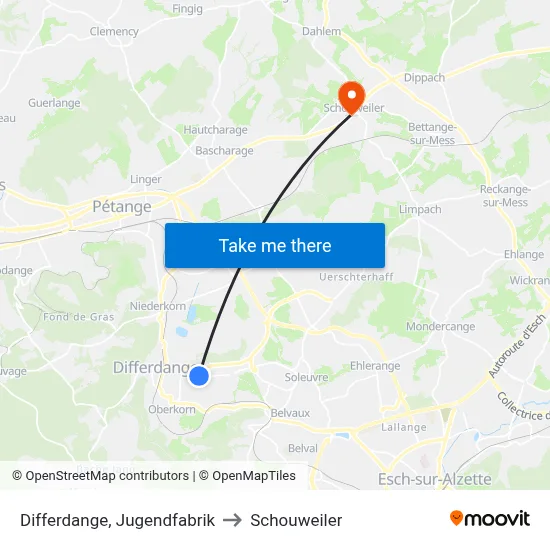 Differdange, Jugendfabrik to Schouweiler map