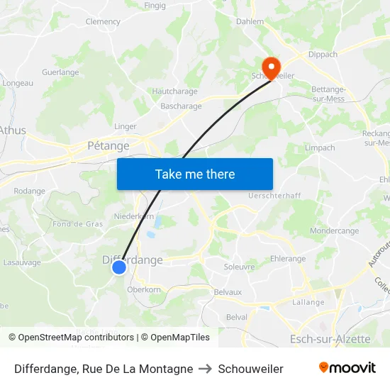 Differdange, Rue De La Montagne to Schouweiler map