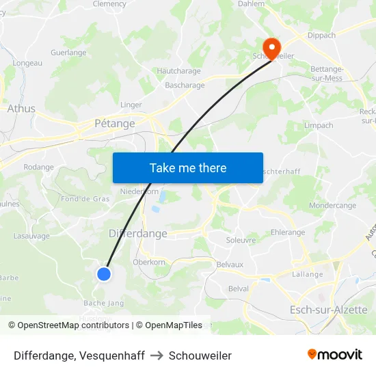 Differdange, Vesquenhaff to Schouweiler map