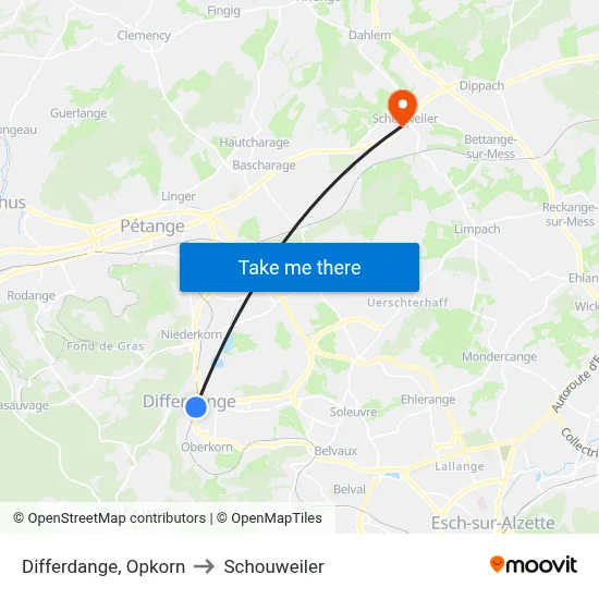 Differdange, Opkorn to Schouweiler map