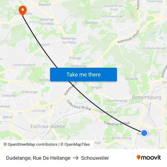 Dudelange, Rue De Hellange to Schouweiler map