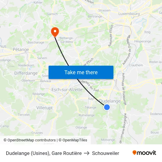 Dudelange (Usines), Gare Routière to Schouweiler map
