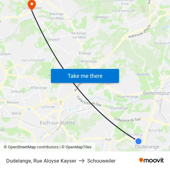 Dudelange, Rue Aloyse Kayser to Schouweiler map