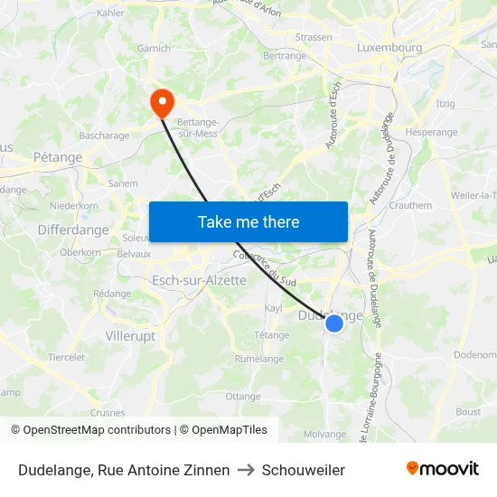 Dudelange, Rue Antoine Zinnen to Schouweiler map