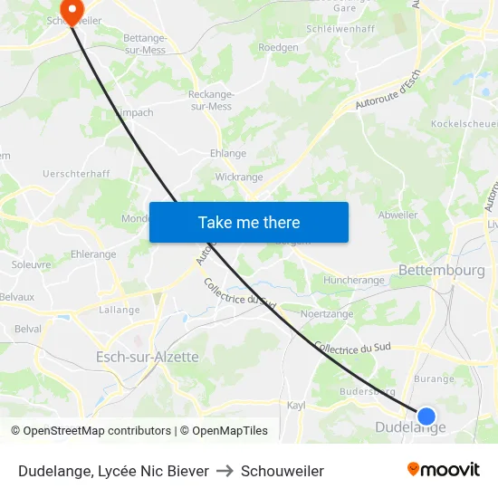 Dudelange, Lycée Nic Biever to Schouweiler map