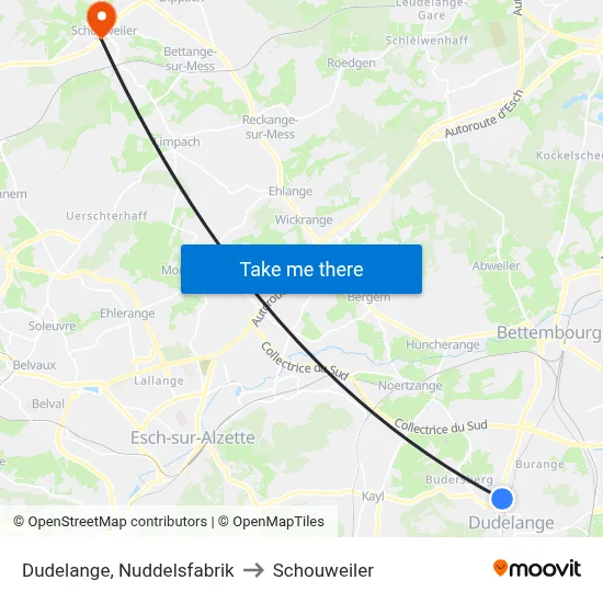 Dudelange, Nuddelsfabrik to Schouweiler map