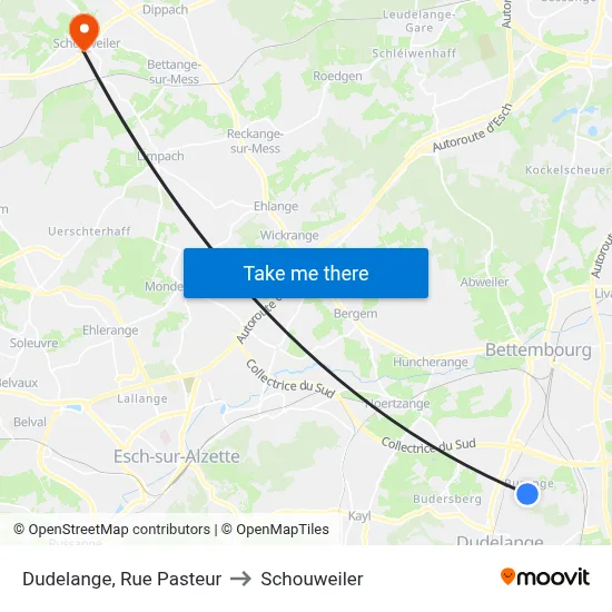 Dudelange, Rue Pasteur to Schouweiler map