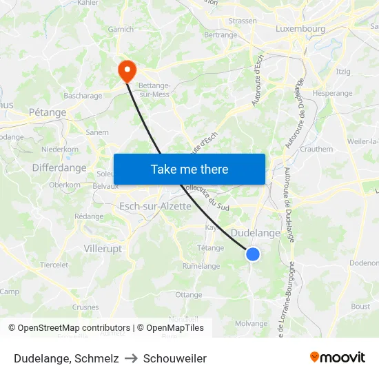 Dudelange, Schmelz to Schouweiler map