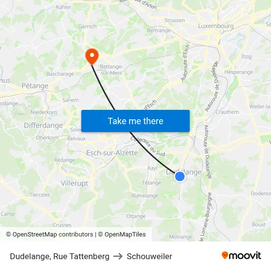Dudelange, Rue Tattenberg to Schouweiler map
