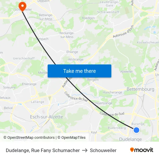 Dudelange, Rue Fany Schumacher to Schouweiler map