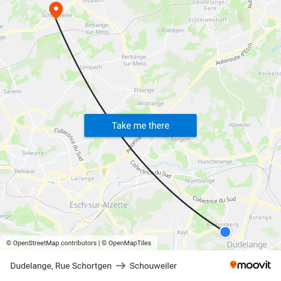 Dudelange, Rue Schortgen to Schouweiler map