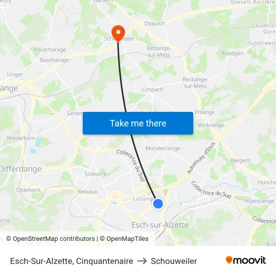 Esch-Sur-Alzette, Cinquantenaire to Schouweiler map
