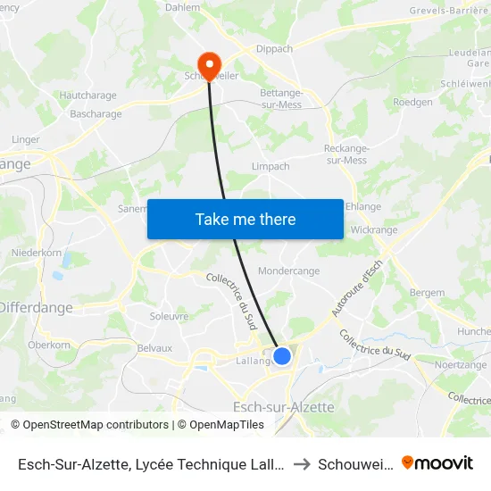 Esch-Sur-Alzette, Lycée Technique Lallange to Schouweiler map