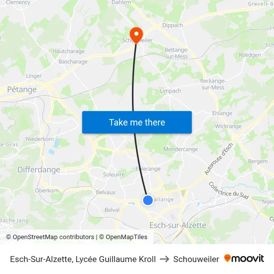 Esch-Sur-Alzette, Lycée Guillaume Kroll to Schouweiler map