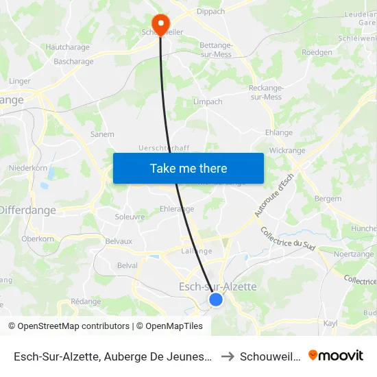Esch-Sur-Alzette, Auberge De Jeunesse to Schouweiler map