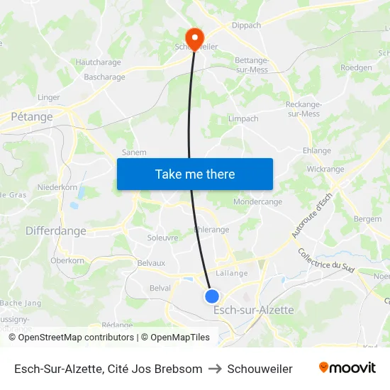 Esch-Sur-Alzette, Cité Jos Brebsom to Schouweiler map