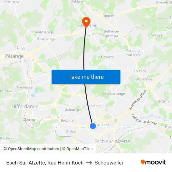 Esch-Sur-Alzette, Rue Henri Koch to Schouweiler map