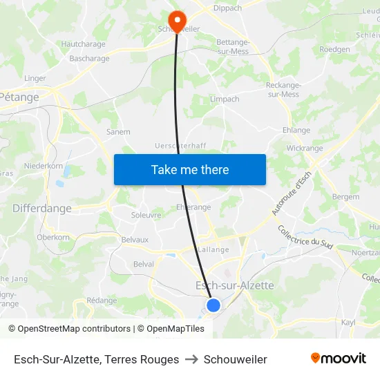 Esch-Sur-Alzette, Terres Rouges to Schouweiler map