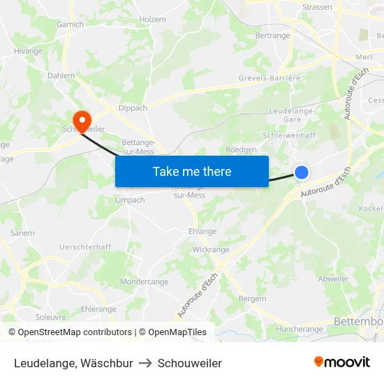 Leudelange, Wäschbur to Schouweiler map