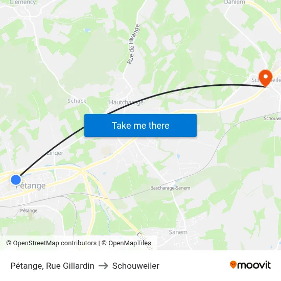 Pétange, Rue Gillardin to Schouweiler map