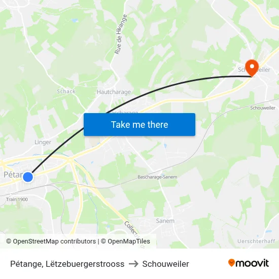 Pétange, Lëtzebuergerstrooss to Schouweiler map