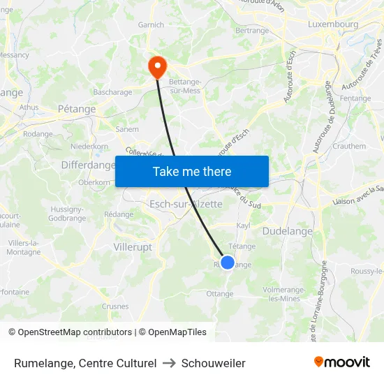 Rumelange, Centre Culturel to Schouweiler map