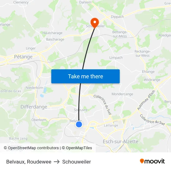 Belvaux, Roudewee to Schouweiler map