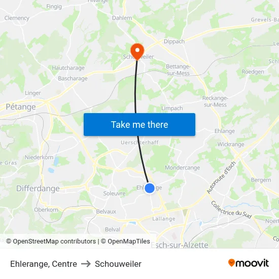 Ehlerange, Centre to Schouweiler map