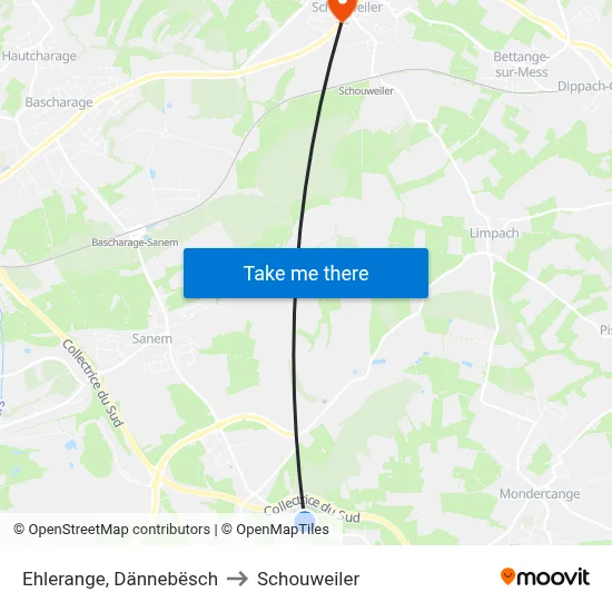 Ehlerange, Dännebësch to Schouweiler map