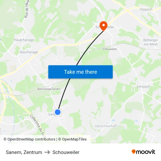 Sanem, Zentrum to Schouweiler map