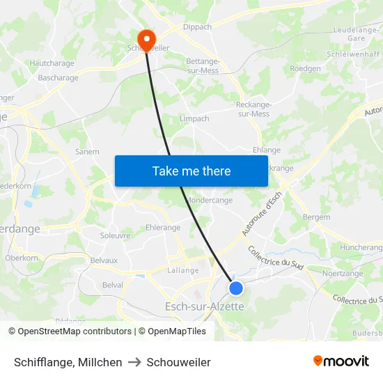 Schifflange, Millchen to Schouweiler map