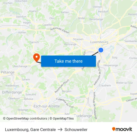 Luxembourg, Gare Centrale to Schouweiler map