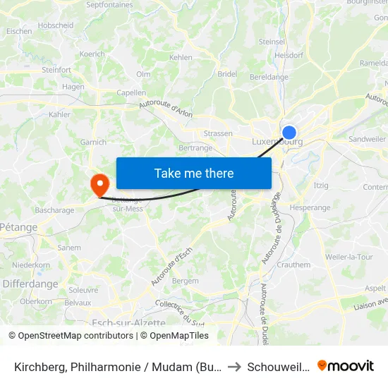 Kirchberg, Philharmonie / Mudam (Bus) to Schouweiler map