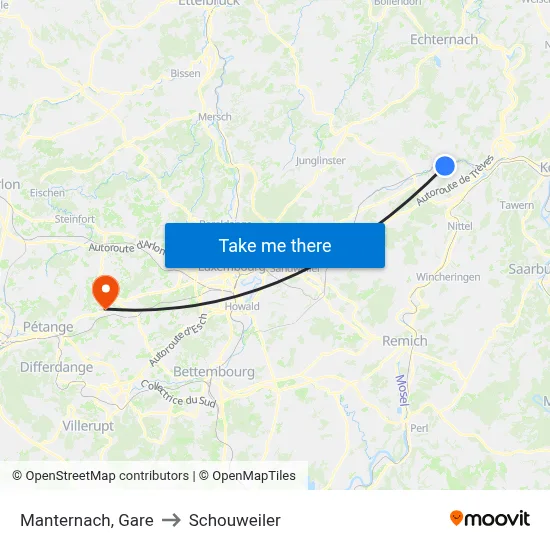 Manternach, Gare to Schouweiler map